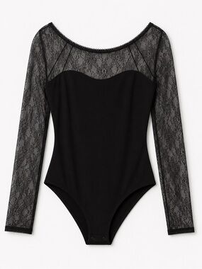 Black Sheer Lace Long-Sleeve Bodysuit with Sweetheart Neckline